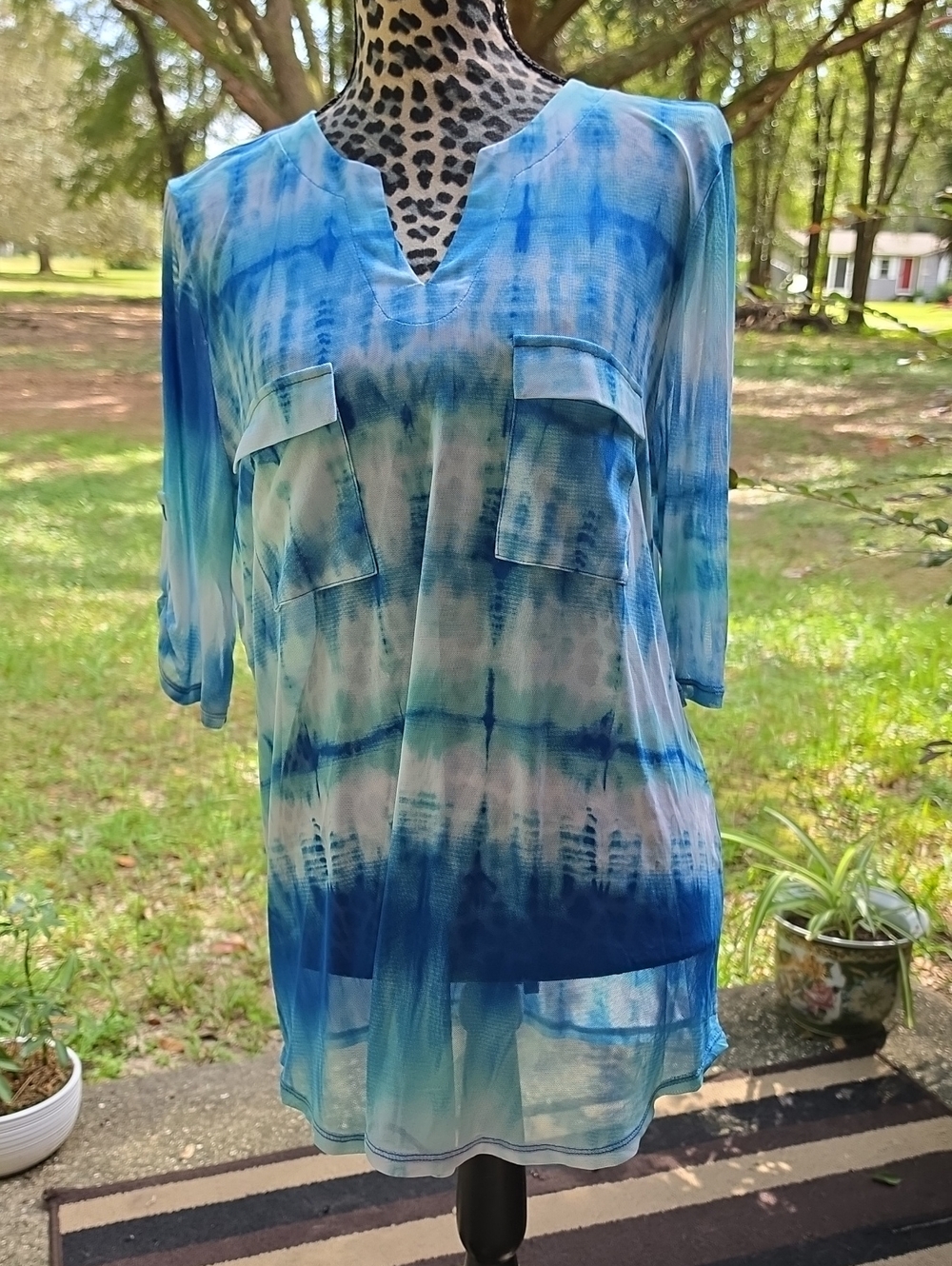 Faith and Joy Blue Tie-Dye V-Notch Long Sleeve Tunic